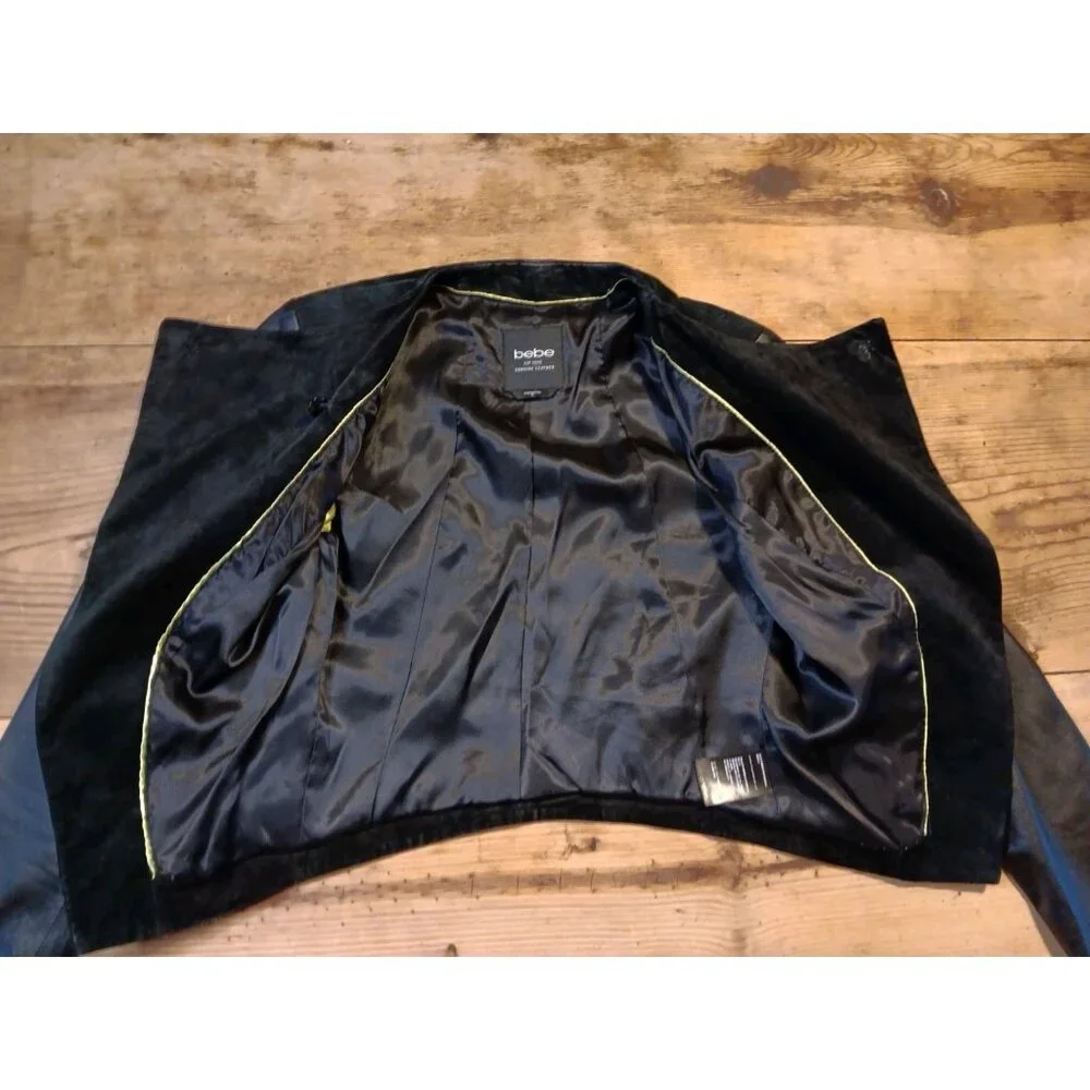 Vtg Y2K Bebe Leather and Suede Crop Moto Jacket Womens XS Black Goth Lined - Picture 4 of 9